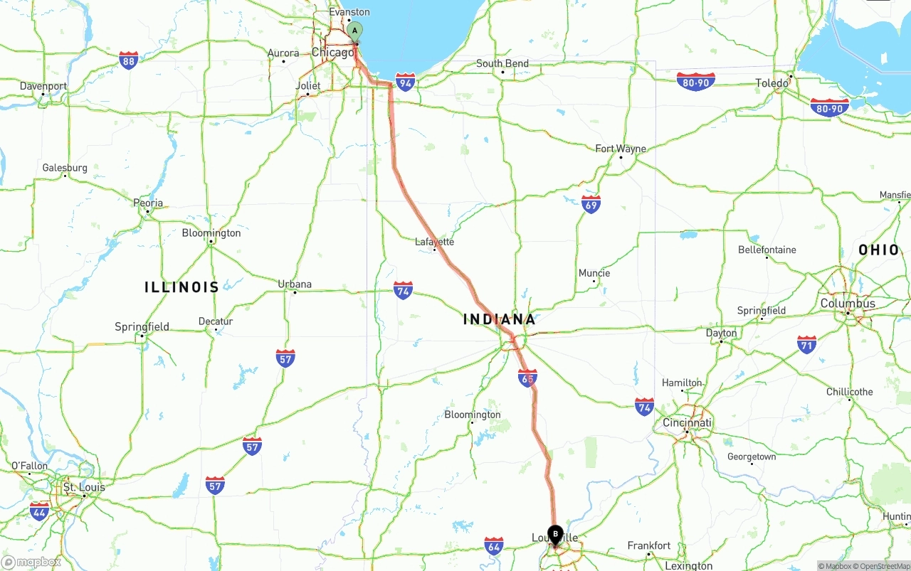 Shipping route from Chicago to Louisville