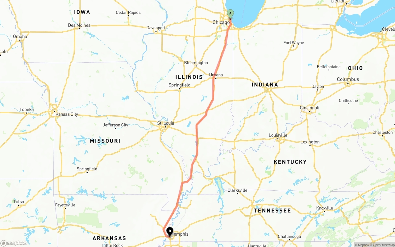 Shipping route from Chicago to Memphis