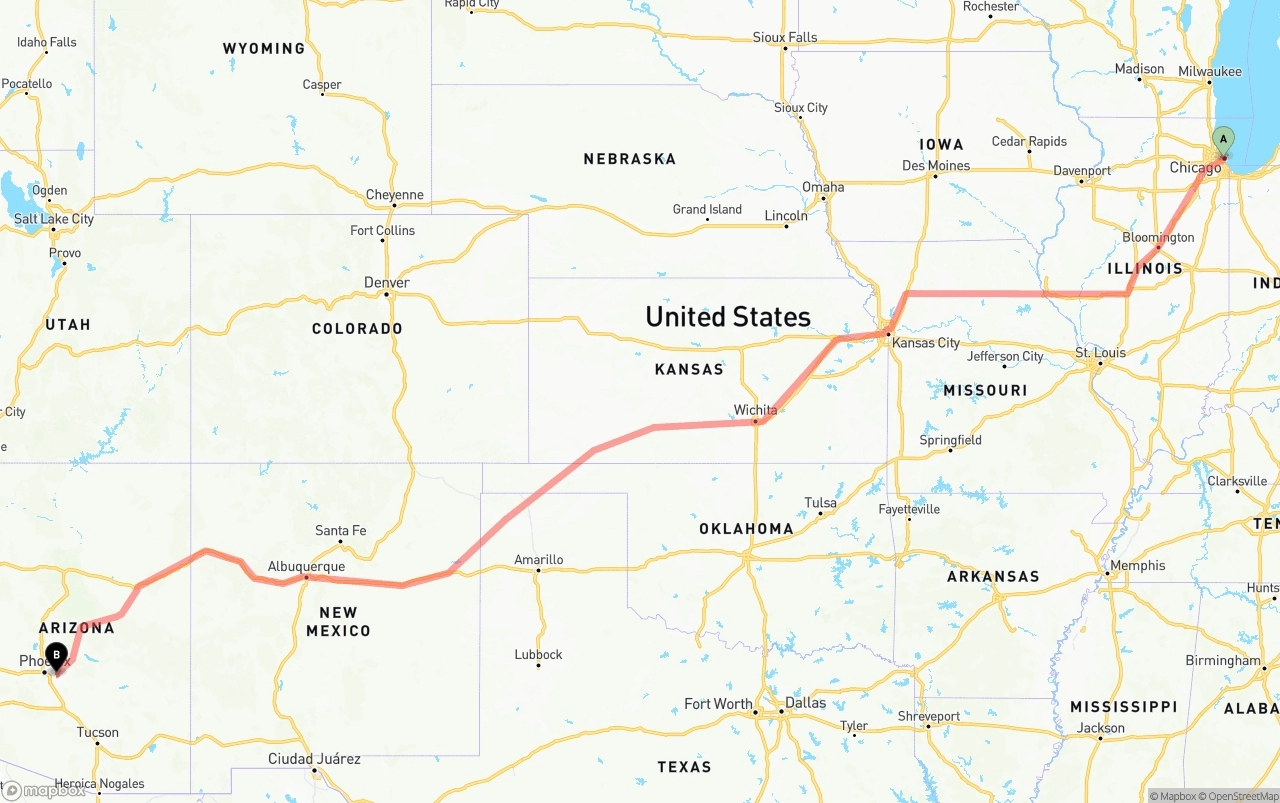 Shipping route from Chicago to Mesa
