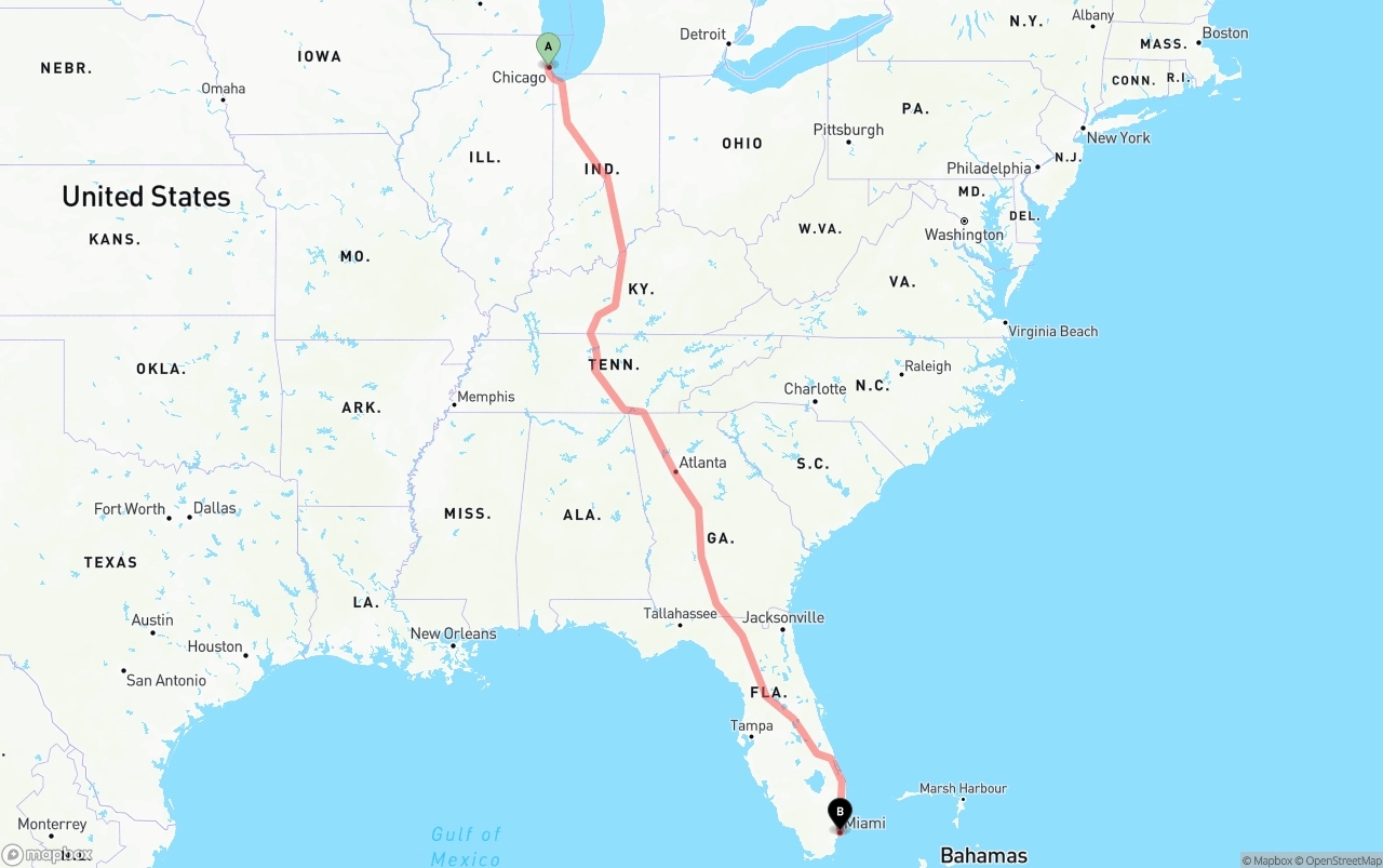 Shipping route from Chicago to Miami