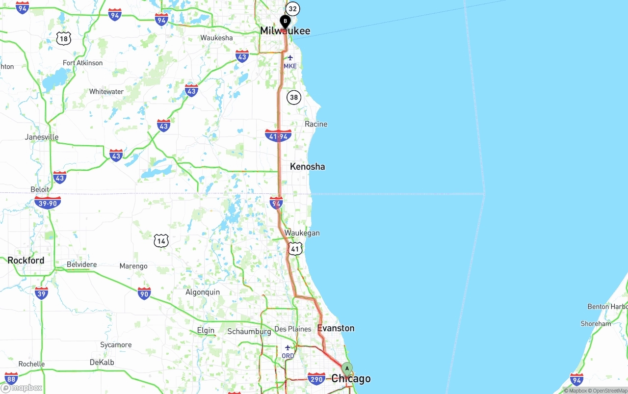 Shipping route from Chicago to Milwaukee
