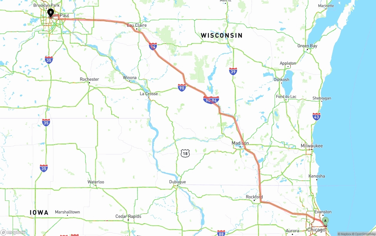 Shipping route from Chicago to Minneapolis