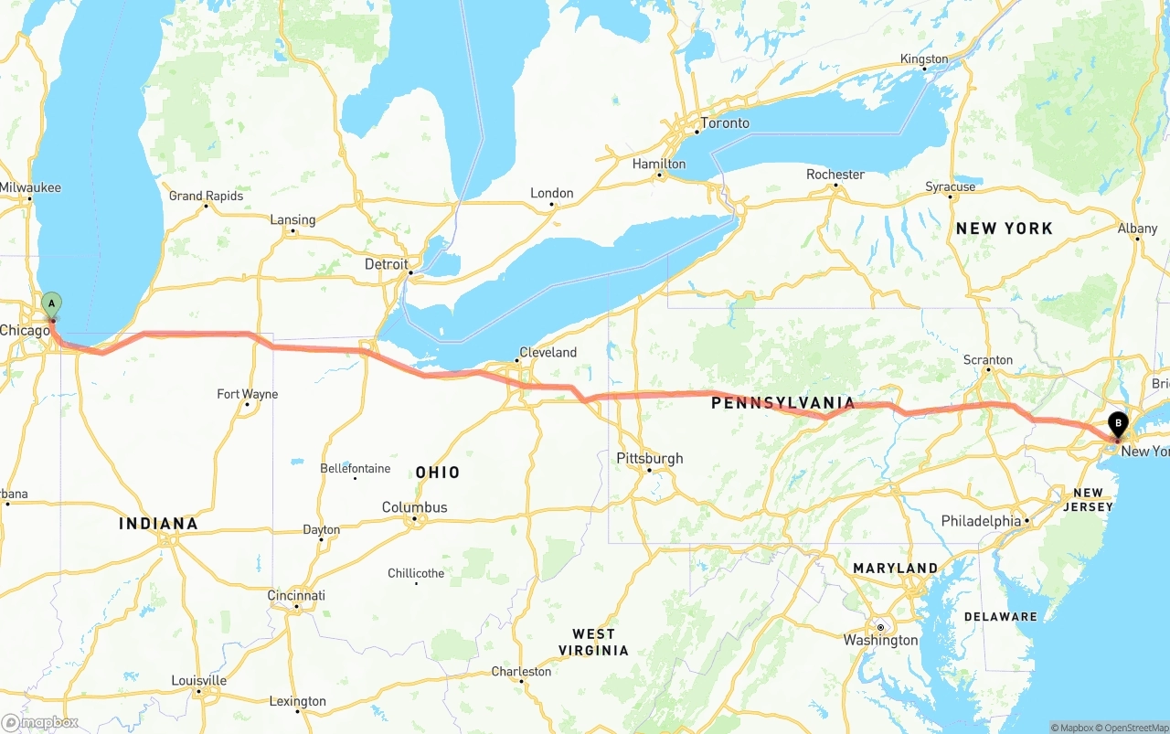 Shipping route from Chicago to New York City