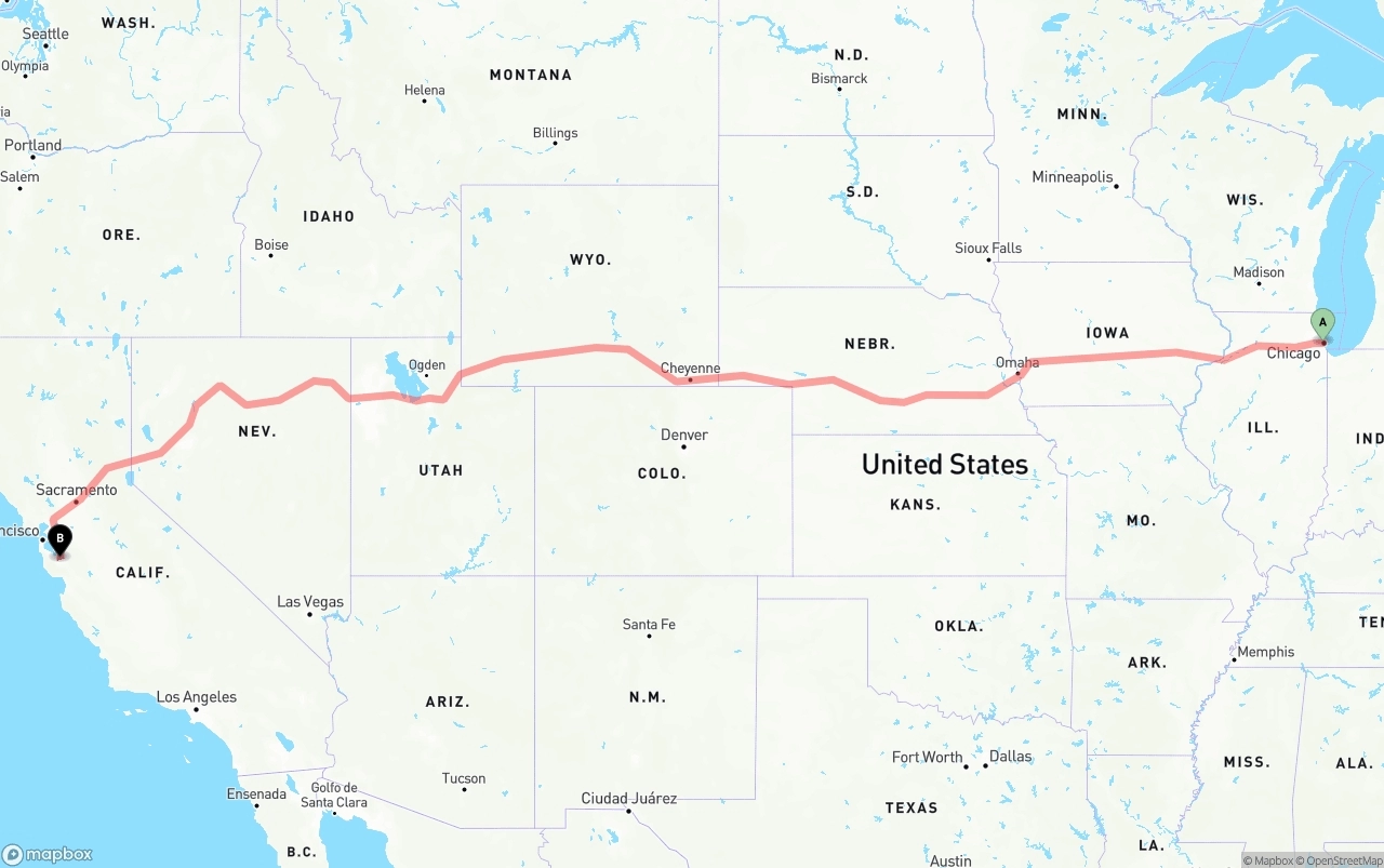 Shipping route from Chicago to Norman Y. Mineta San Jose International Airport