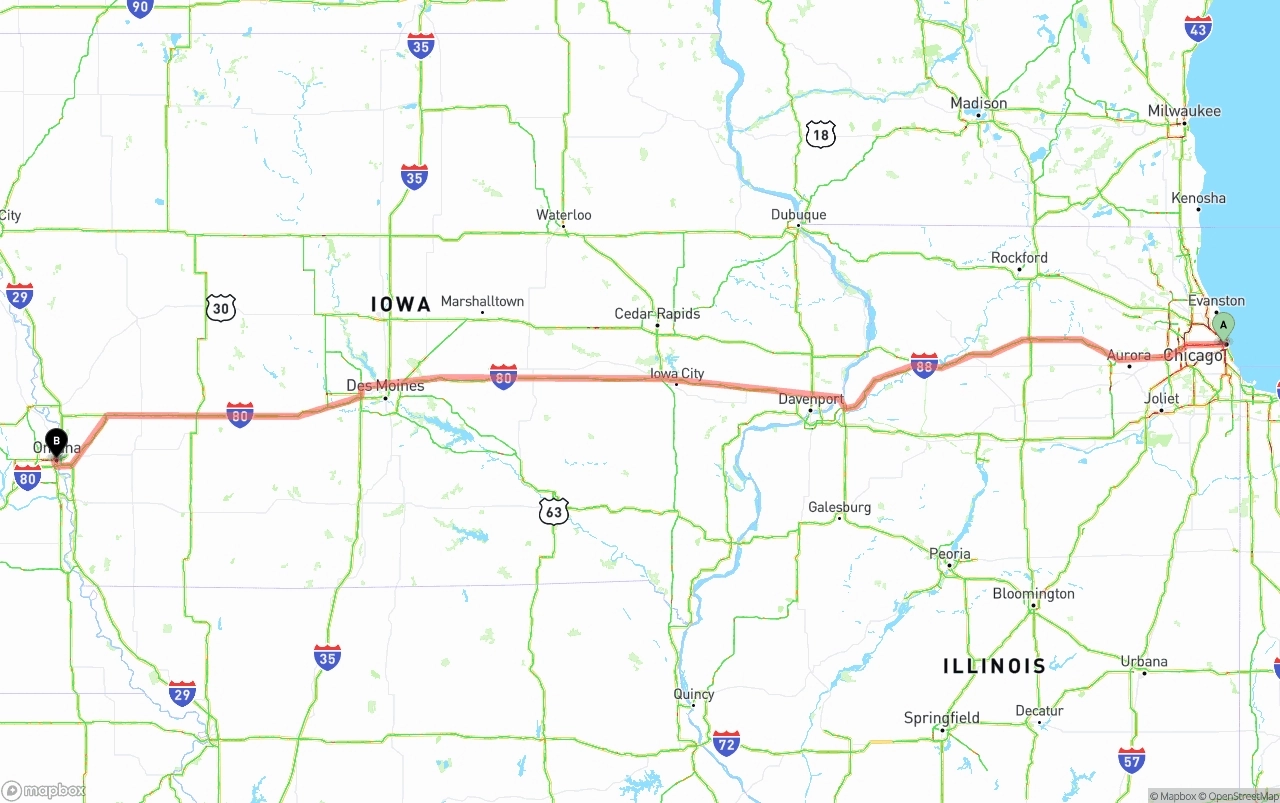 Shipping route from Chicago to Omaha