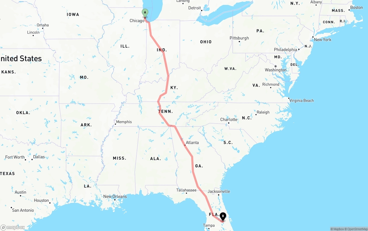 Shipping route from Chicago to Orlando International Airport