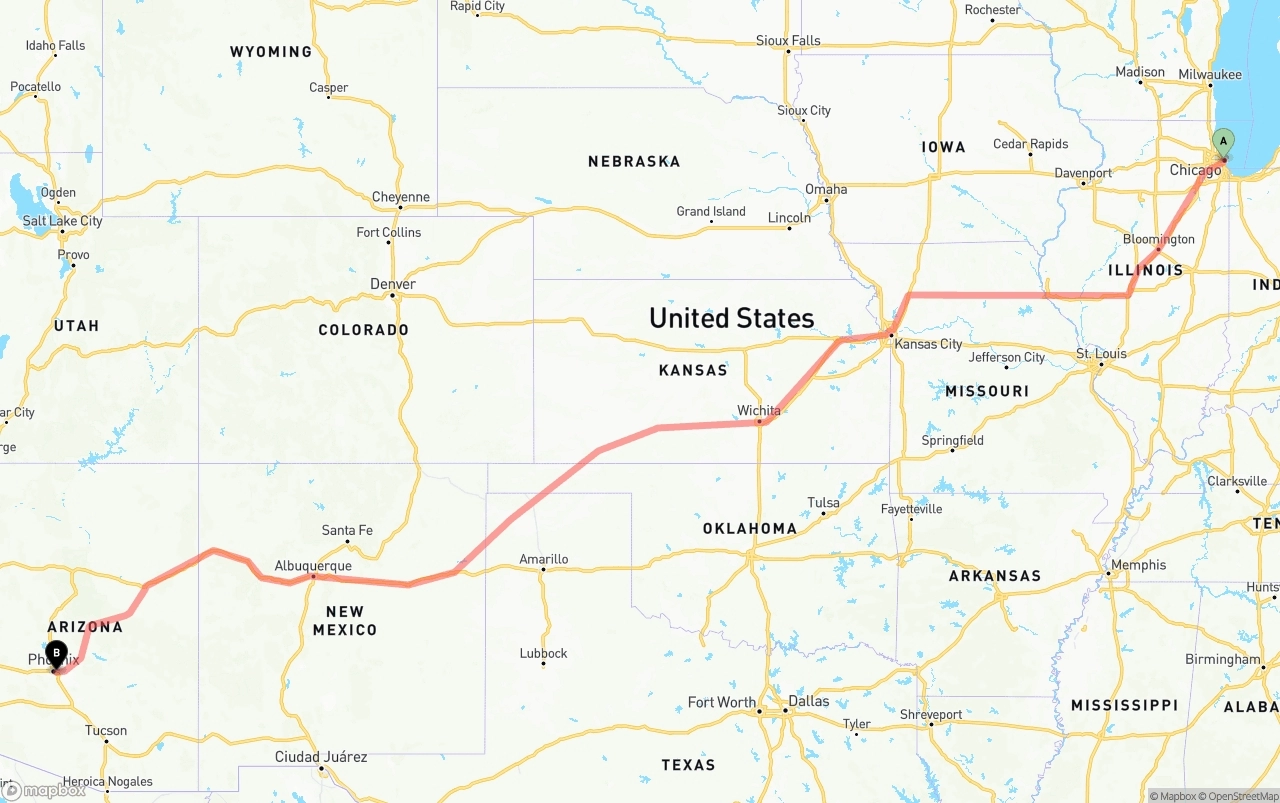 Shipping route from Chicago to Phoenix Sky Harbor International Airport