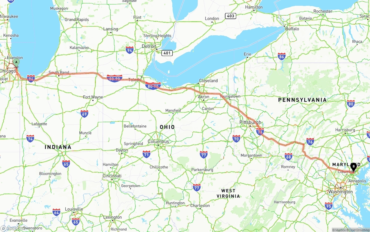Shipping route from Chicago to Port of Baltimore