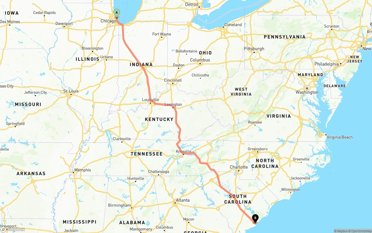 Shipping route from Chicago to Port of Charleston