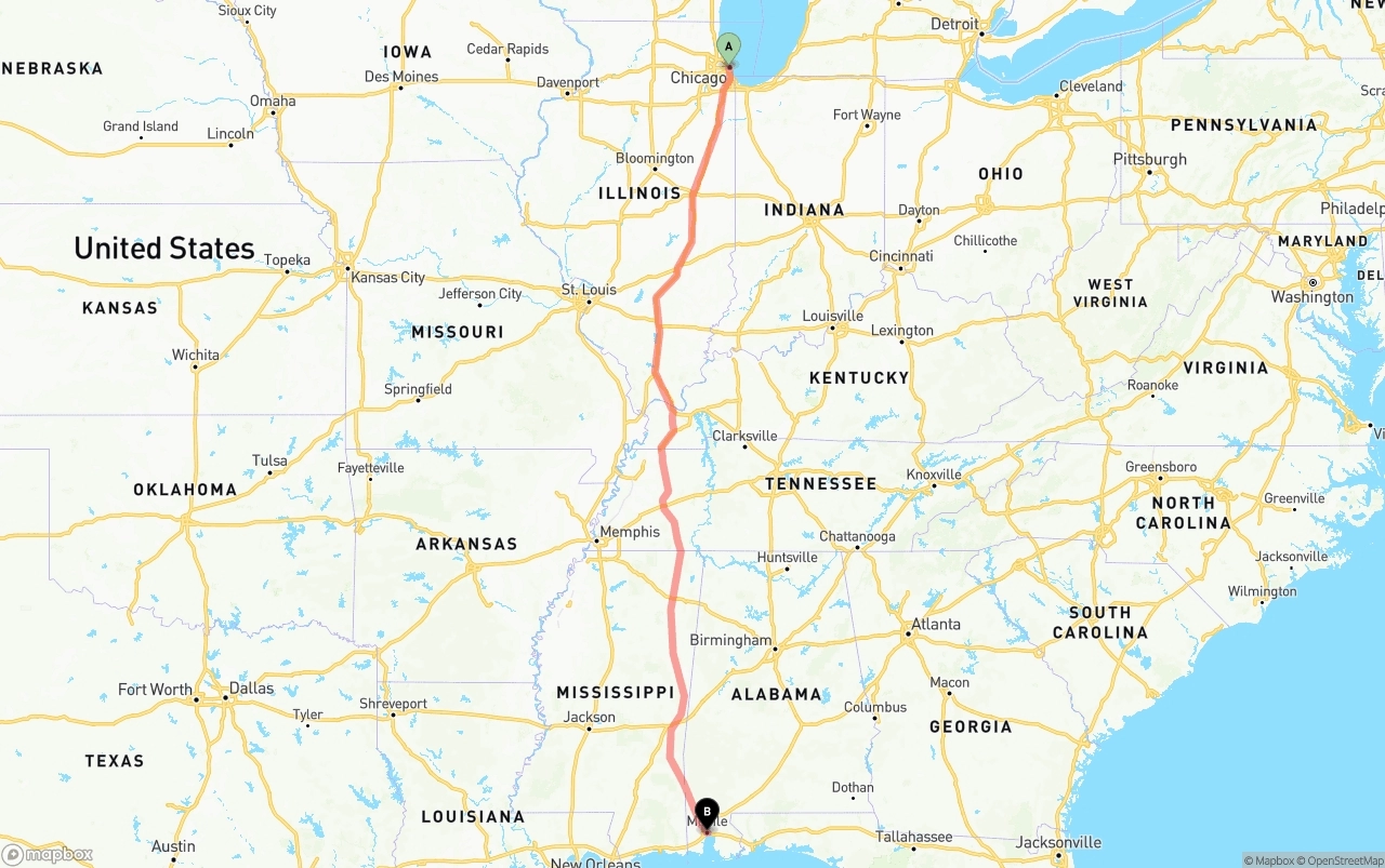 Shipping route from Chicago to Port of Mobile