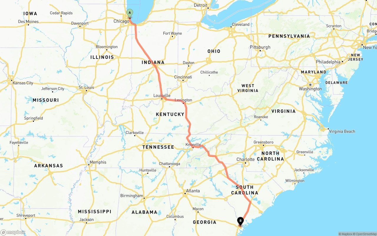 Shipping route from Chicago to Port of Savannah
