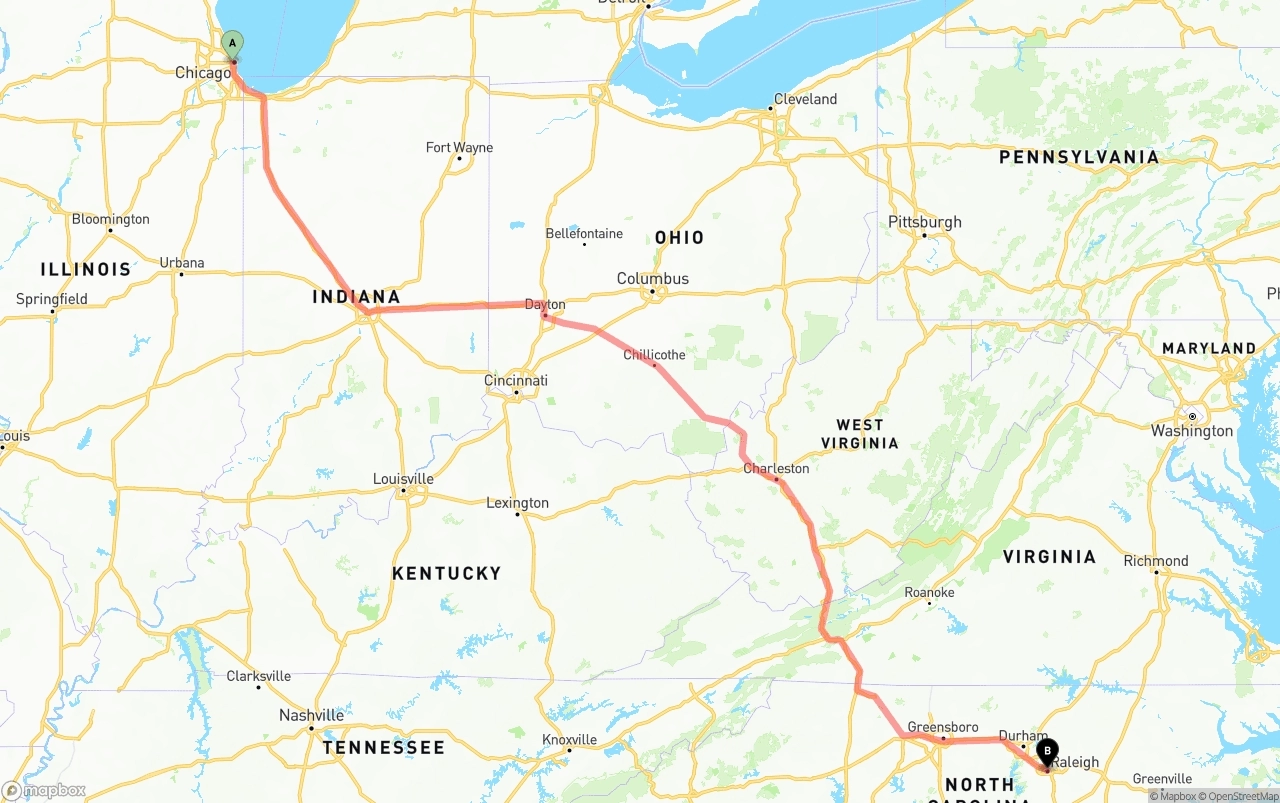 Shipping route from Chicago to Raleigh