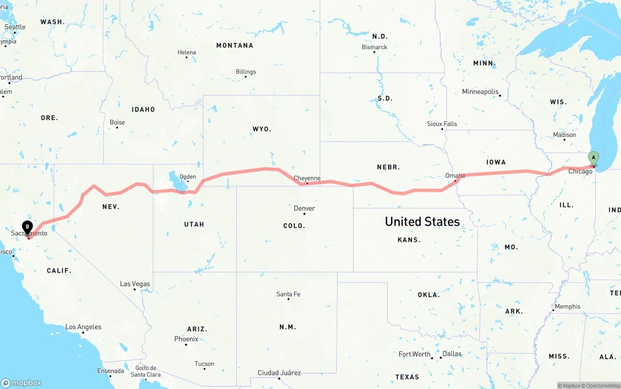 Shipping route from Chicago to Sacramento International Airport