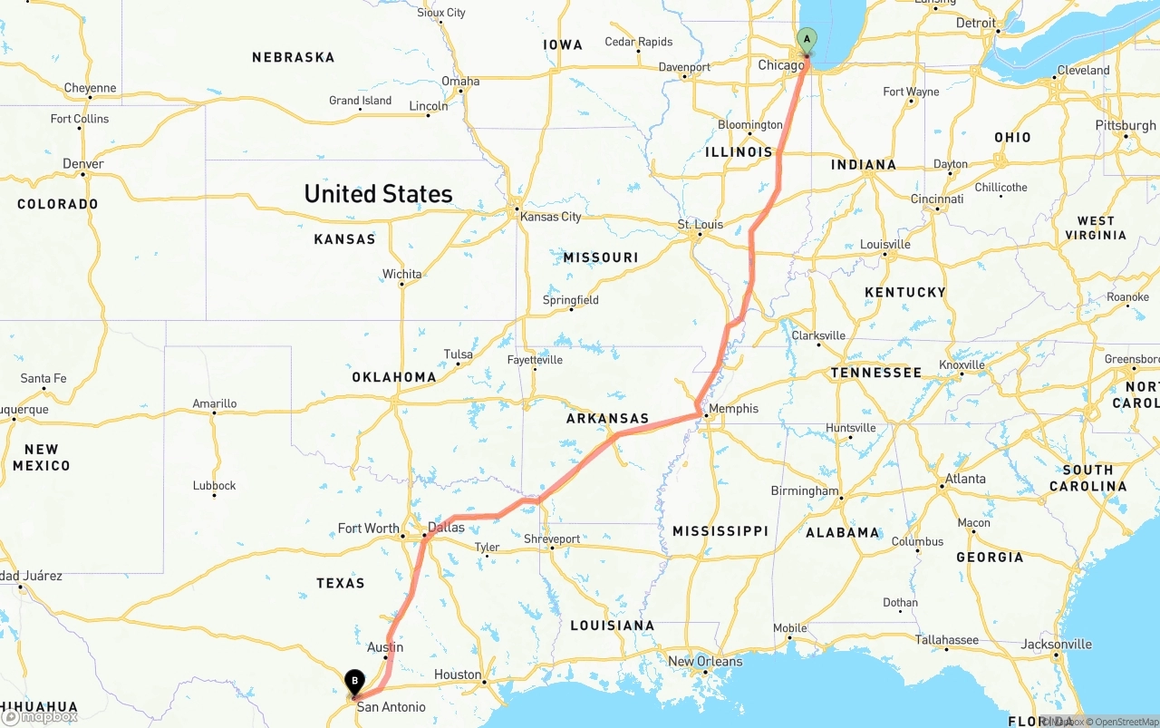 Shipping route from Chicago to San Antonio
