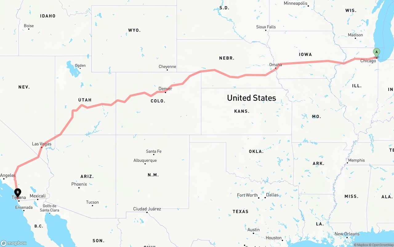 Shipping route from Chicago to San Diego