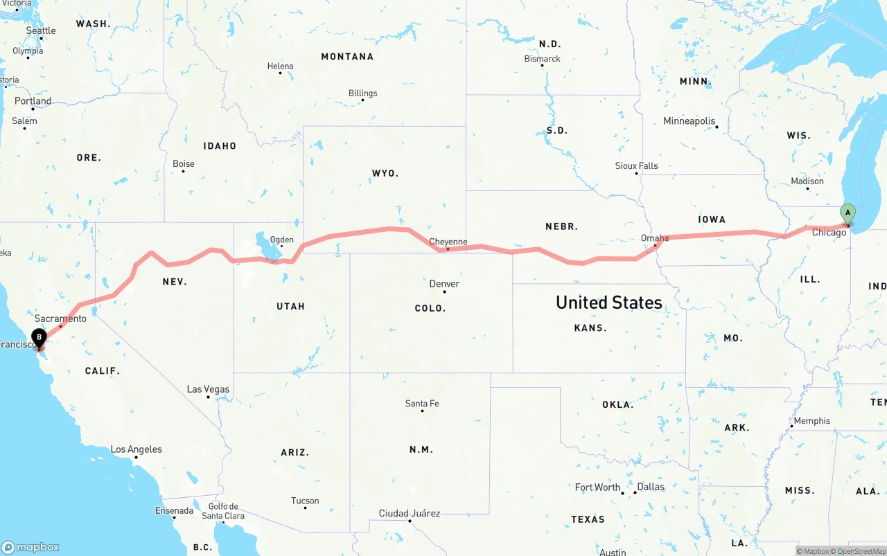 Shipping route from Chicago to San Francisco
