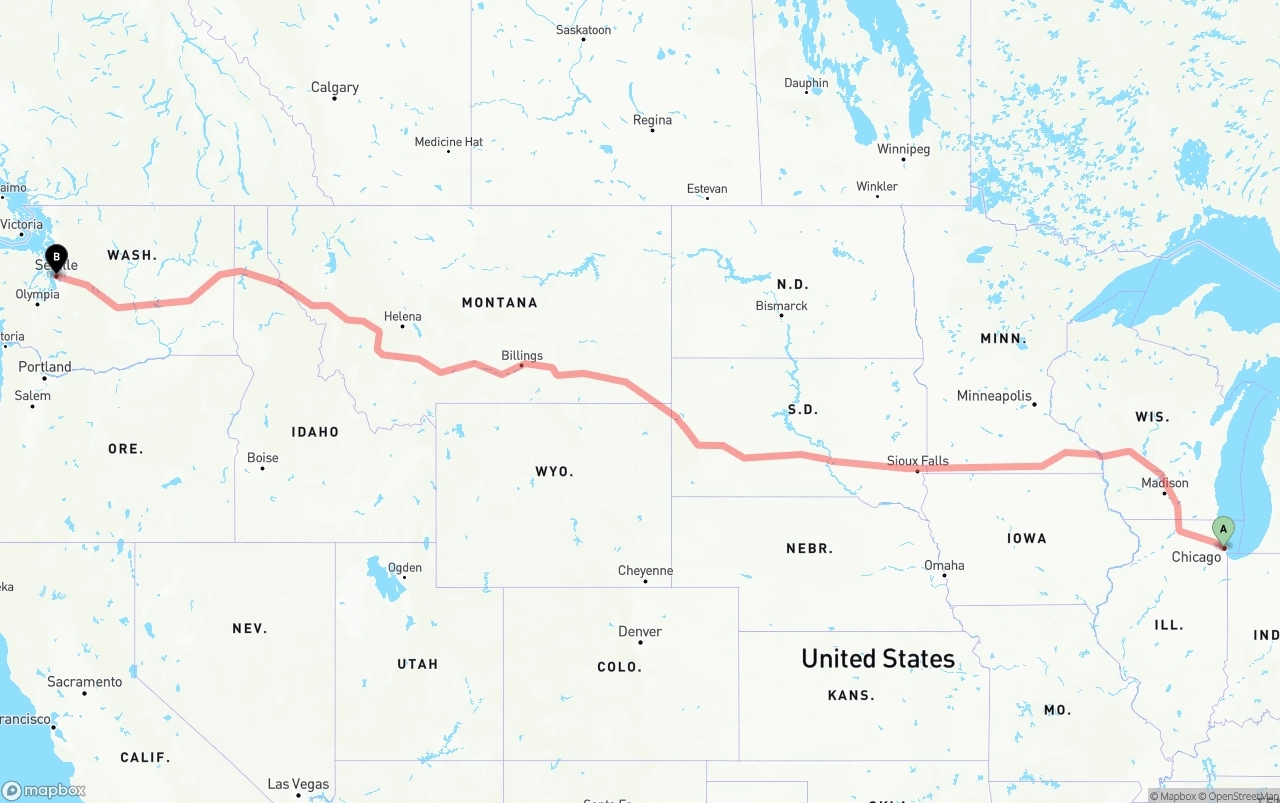 Shipping route from Chicago to Seattle