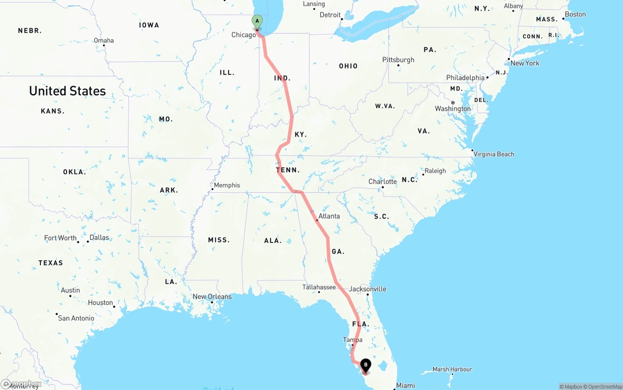Shipping route from Chicago to Southwest Florida International Airport