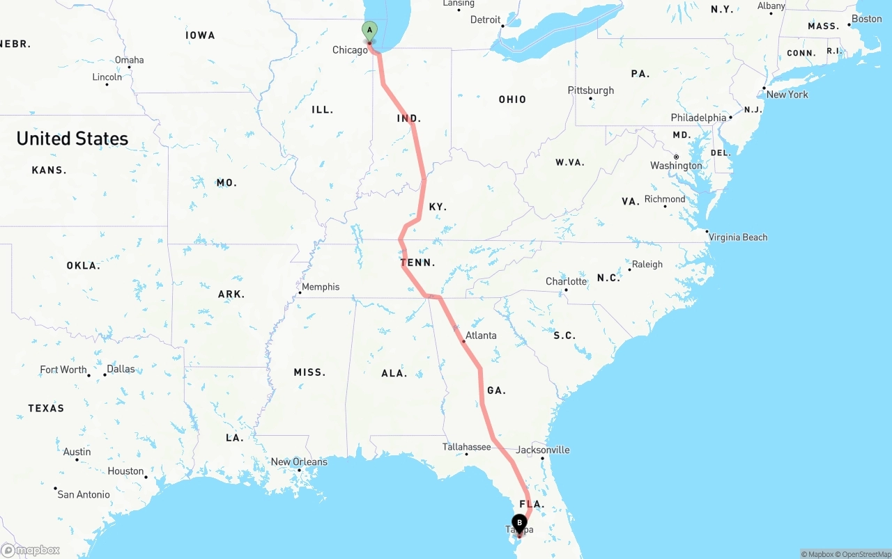 Shipping route from Chicago to Tampa