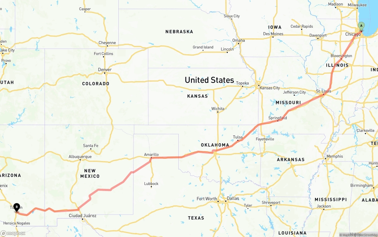 Shipping route from Chicago to Tucson International Airport