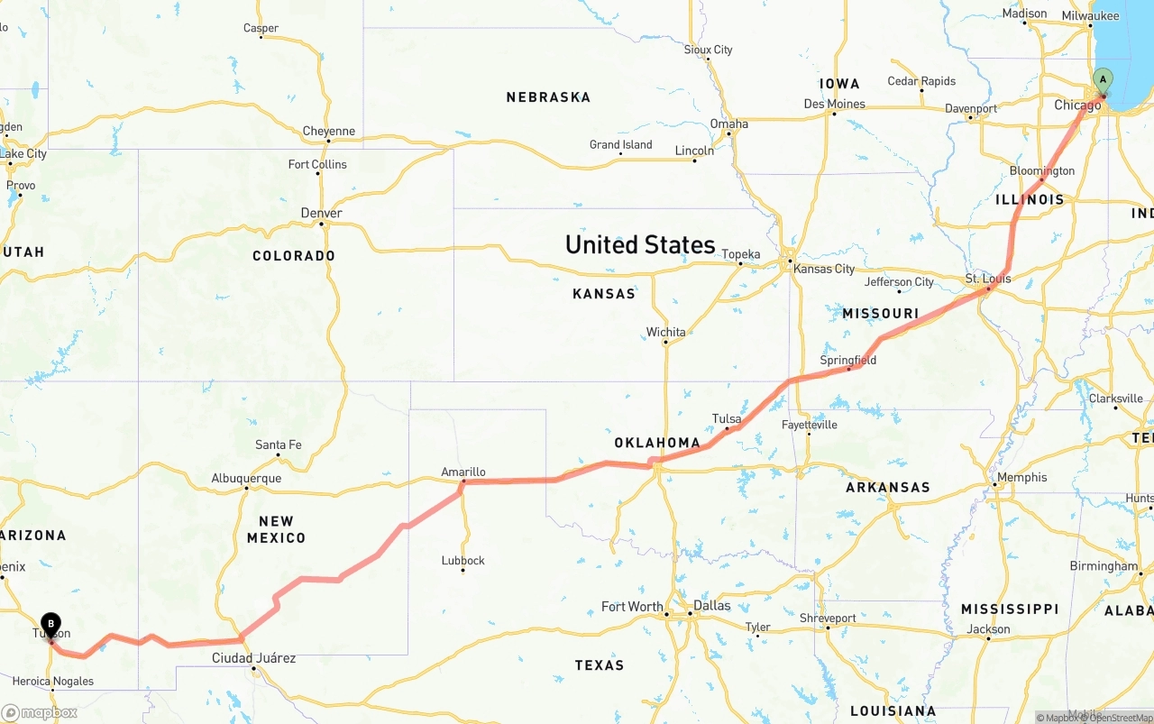 Shipping route from Chicago to Tucson