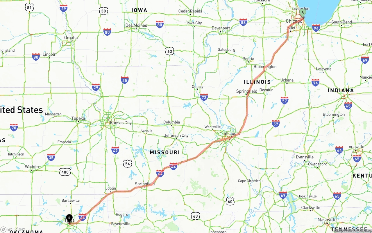 Shipping route from Chicago to Tulsa
