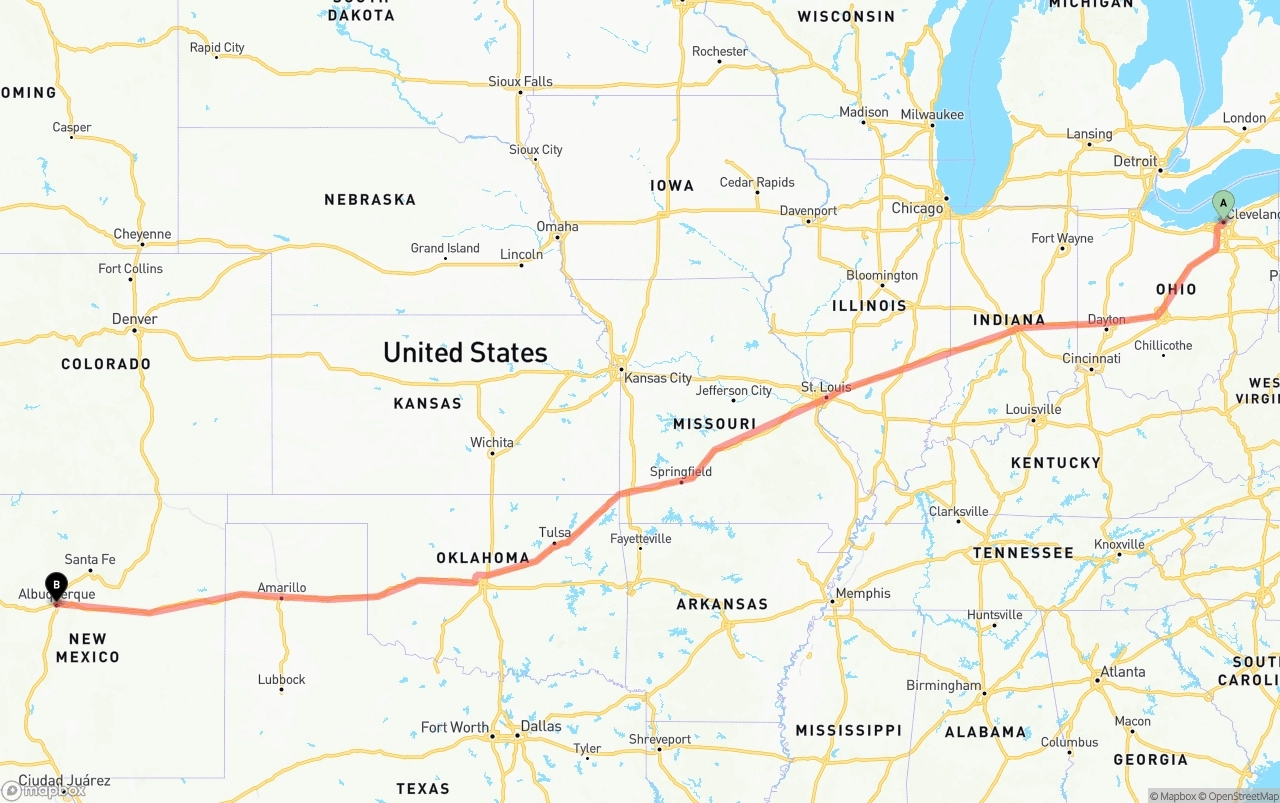 Shipping route from Cleveland to Albuquerque