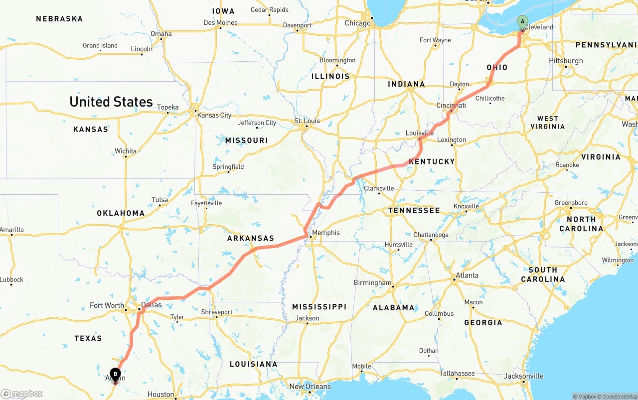 Shipping route from Cleveland to Austin