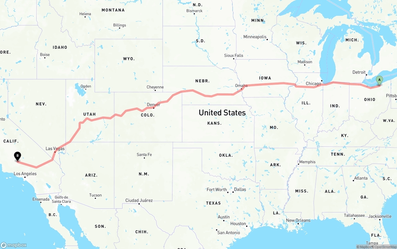 Shipping route from Cleveland to Bakersfield