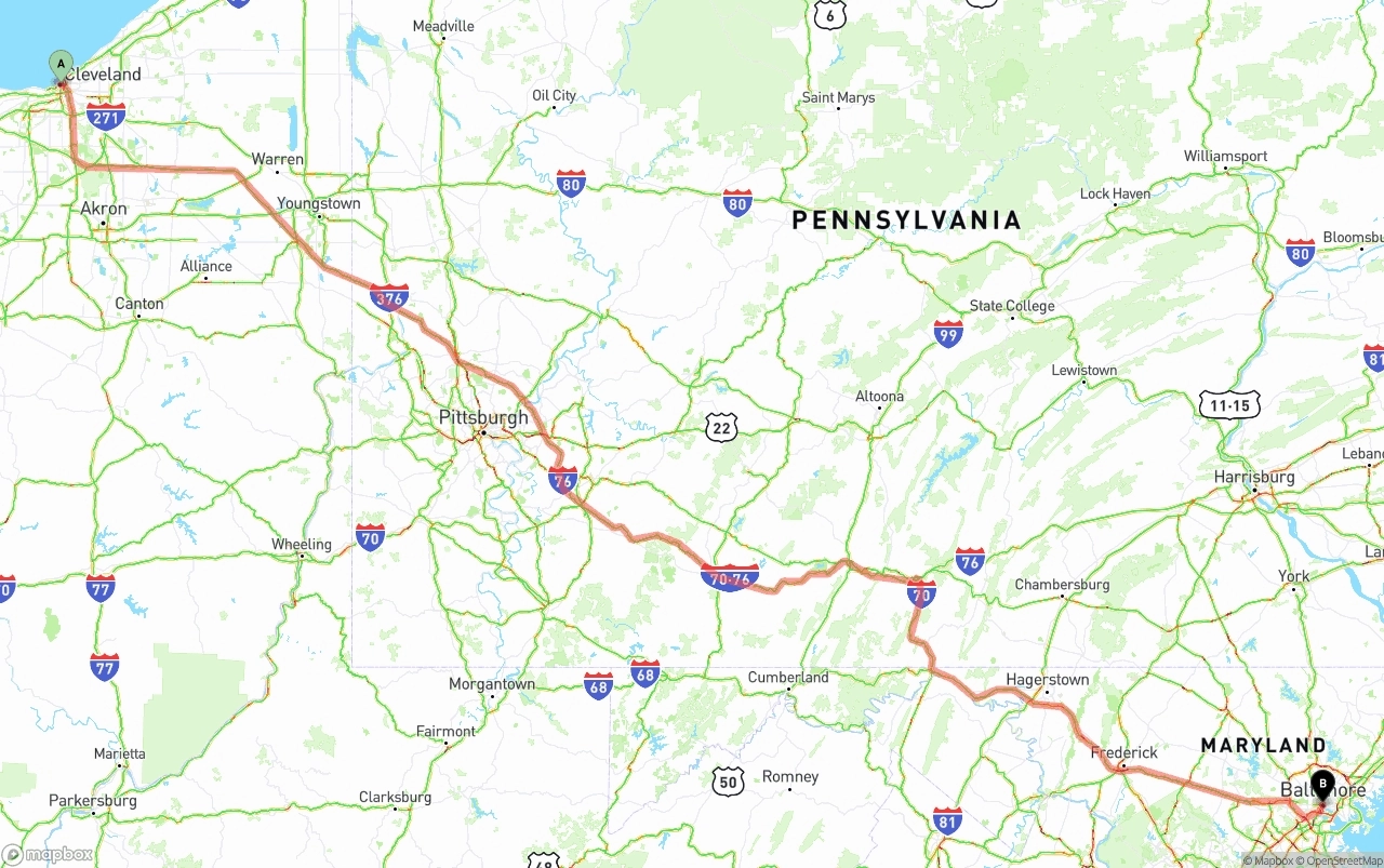 Shipping route from Cleveland to Baltimore