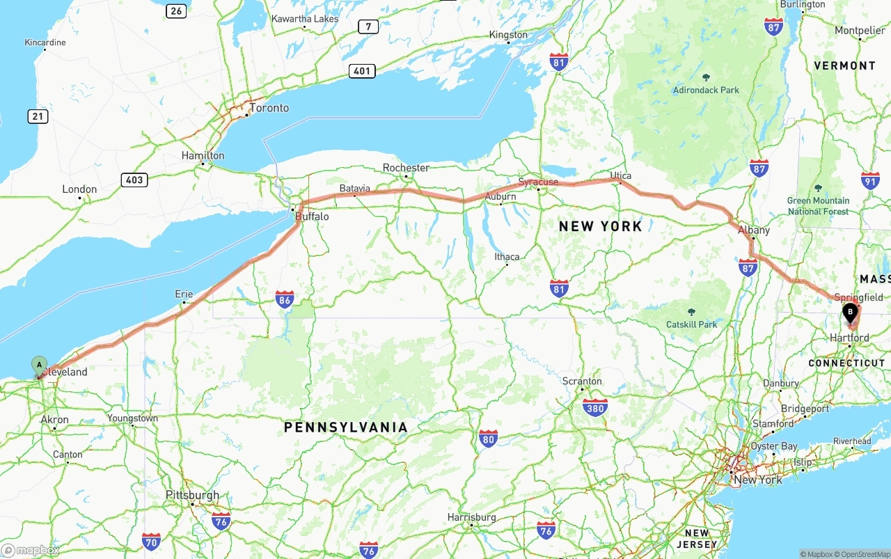 Shipping route from Cleveland to Bradley International Airport