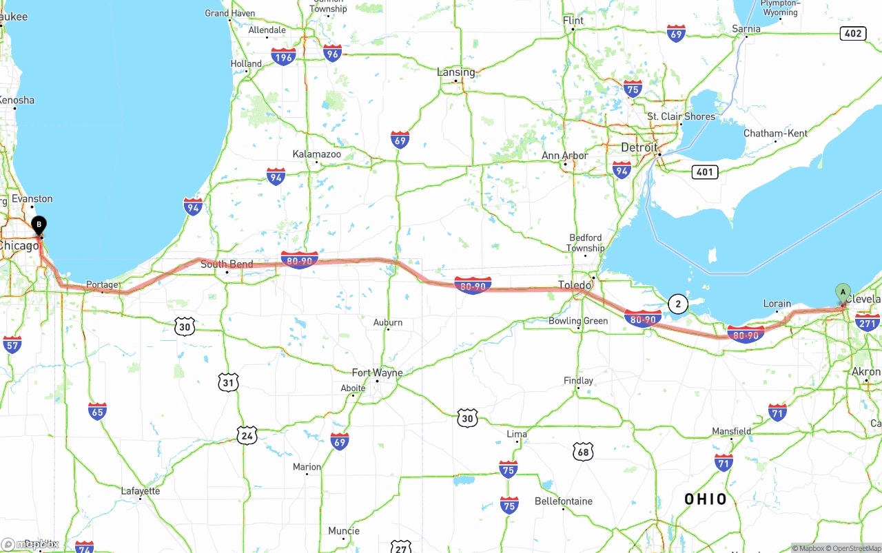 Shipping route from Cleveland to Chicago