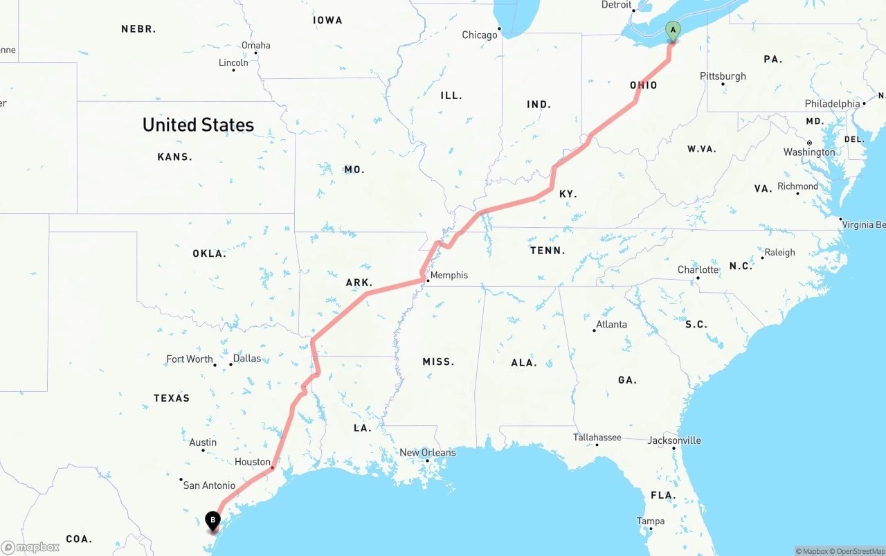 Shipping route from Cleveland to Corpus Christi