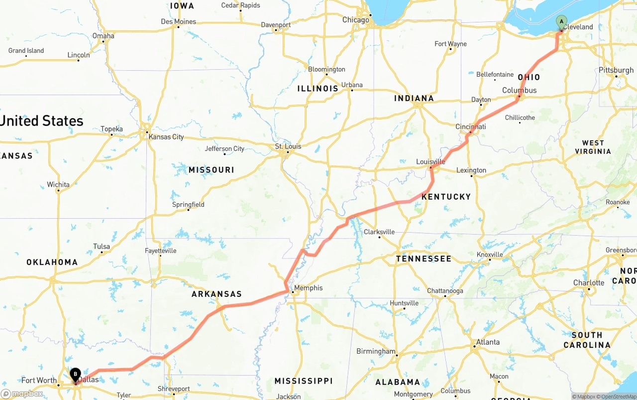 Shipping route from Cleveland to Dallas