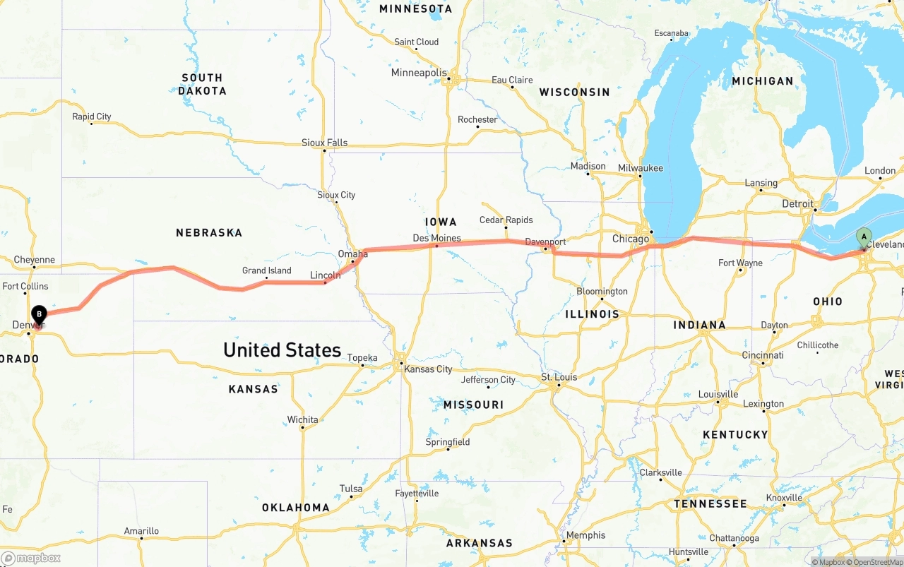 Shipping route from Cleveland to Denver International Airport