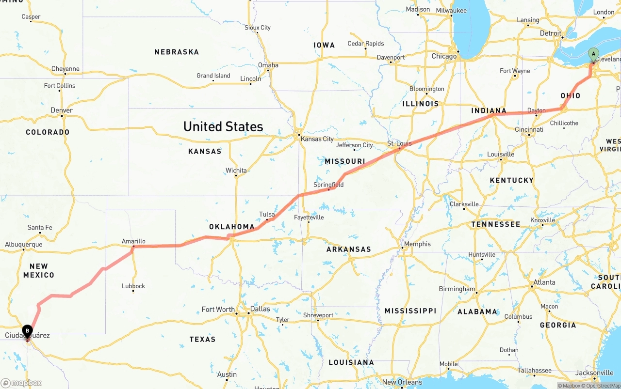 Shipping route from Cleveland to El Paso