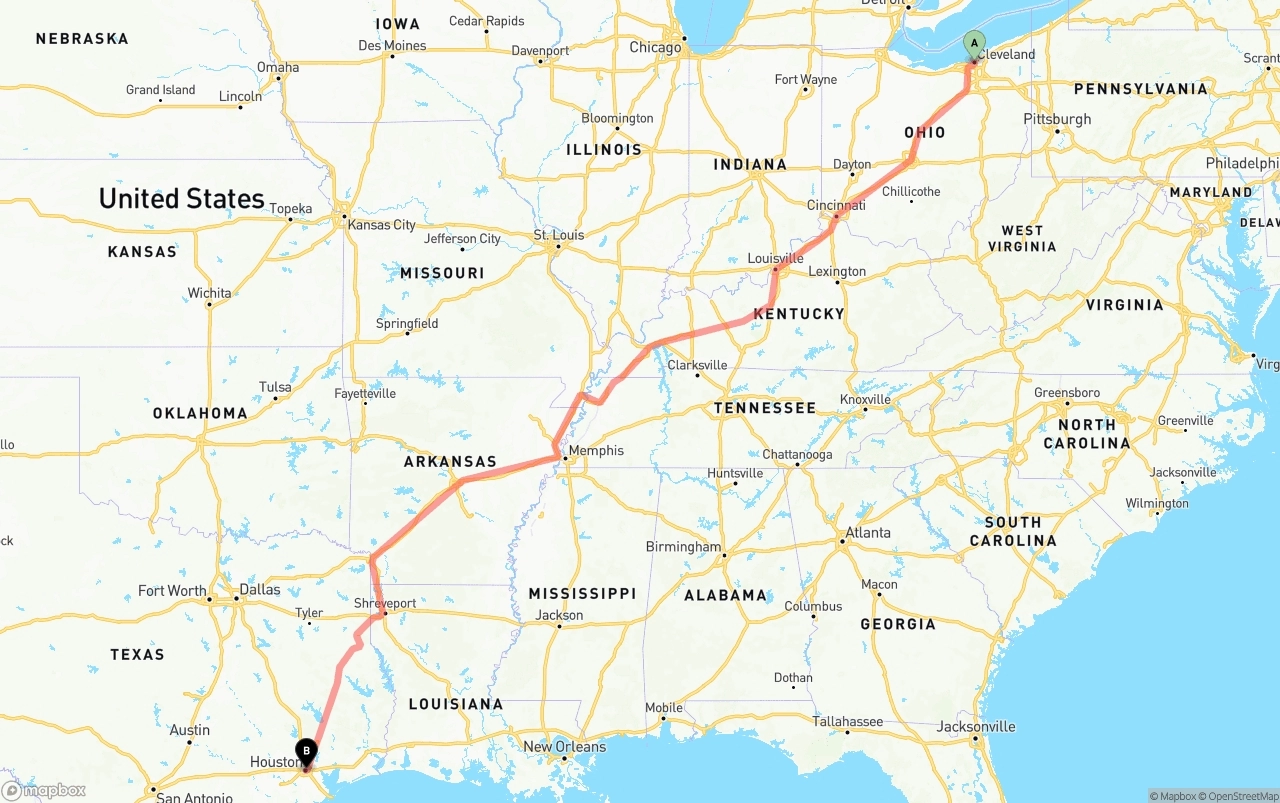 Shipping route from Cleveland to Houston