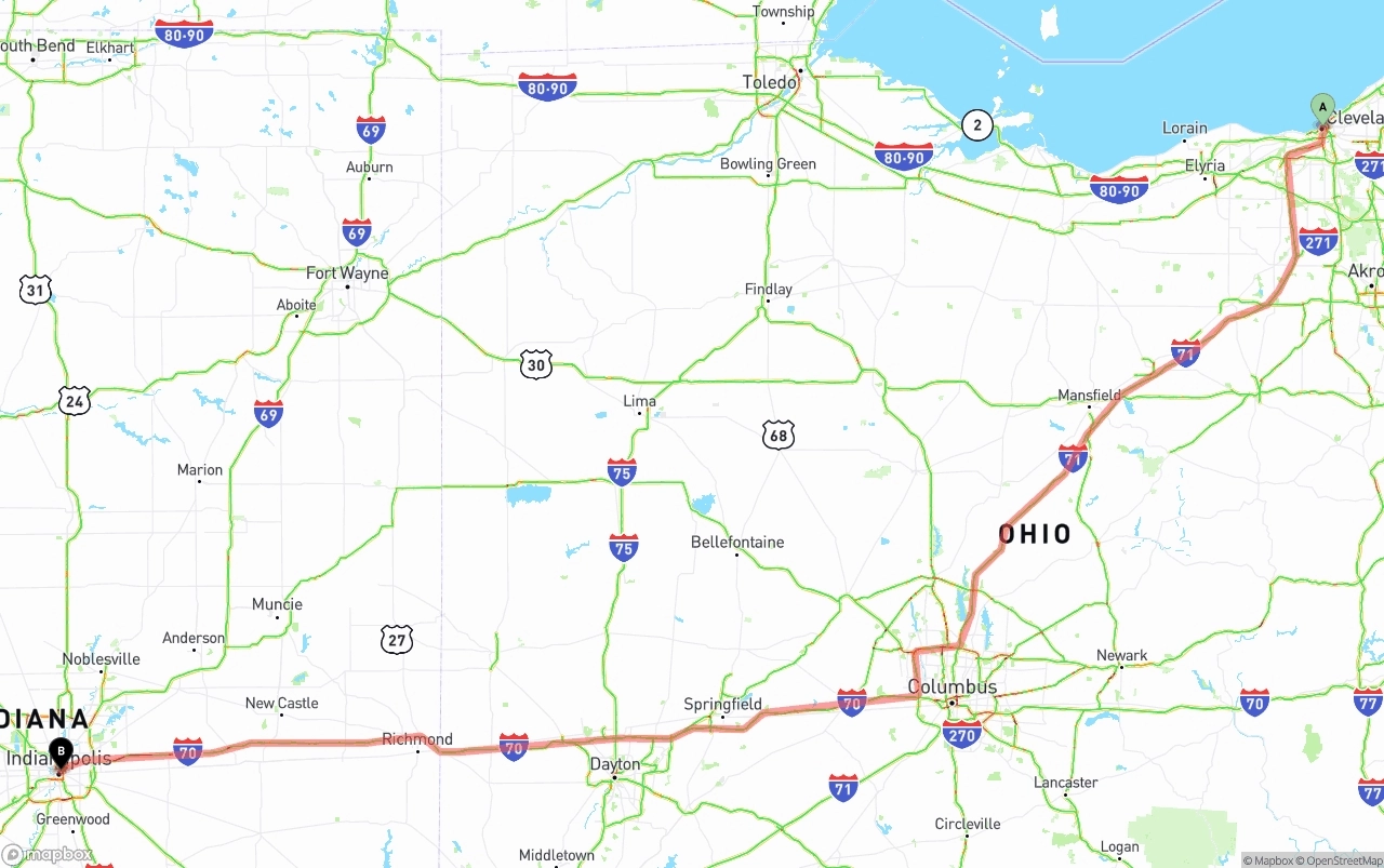 Shipping route from Cleveland to Indianapolis