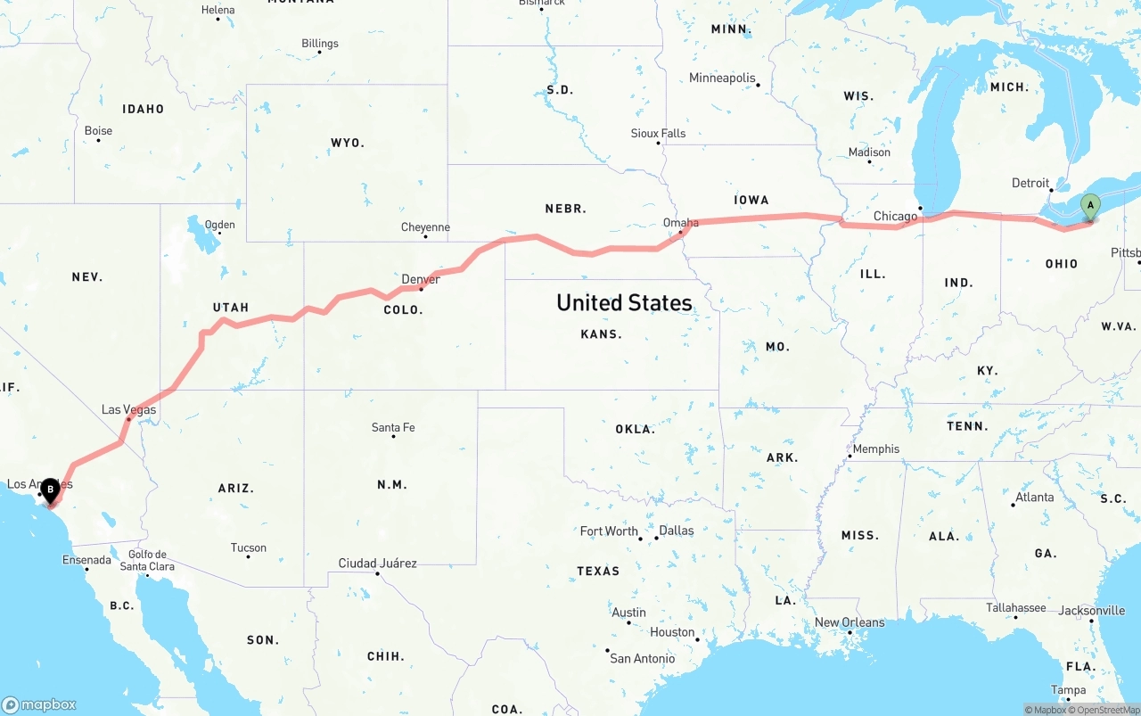 Shipping route from Cleveland to John Wayne Airport — Orange County