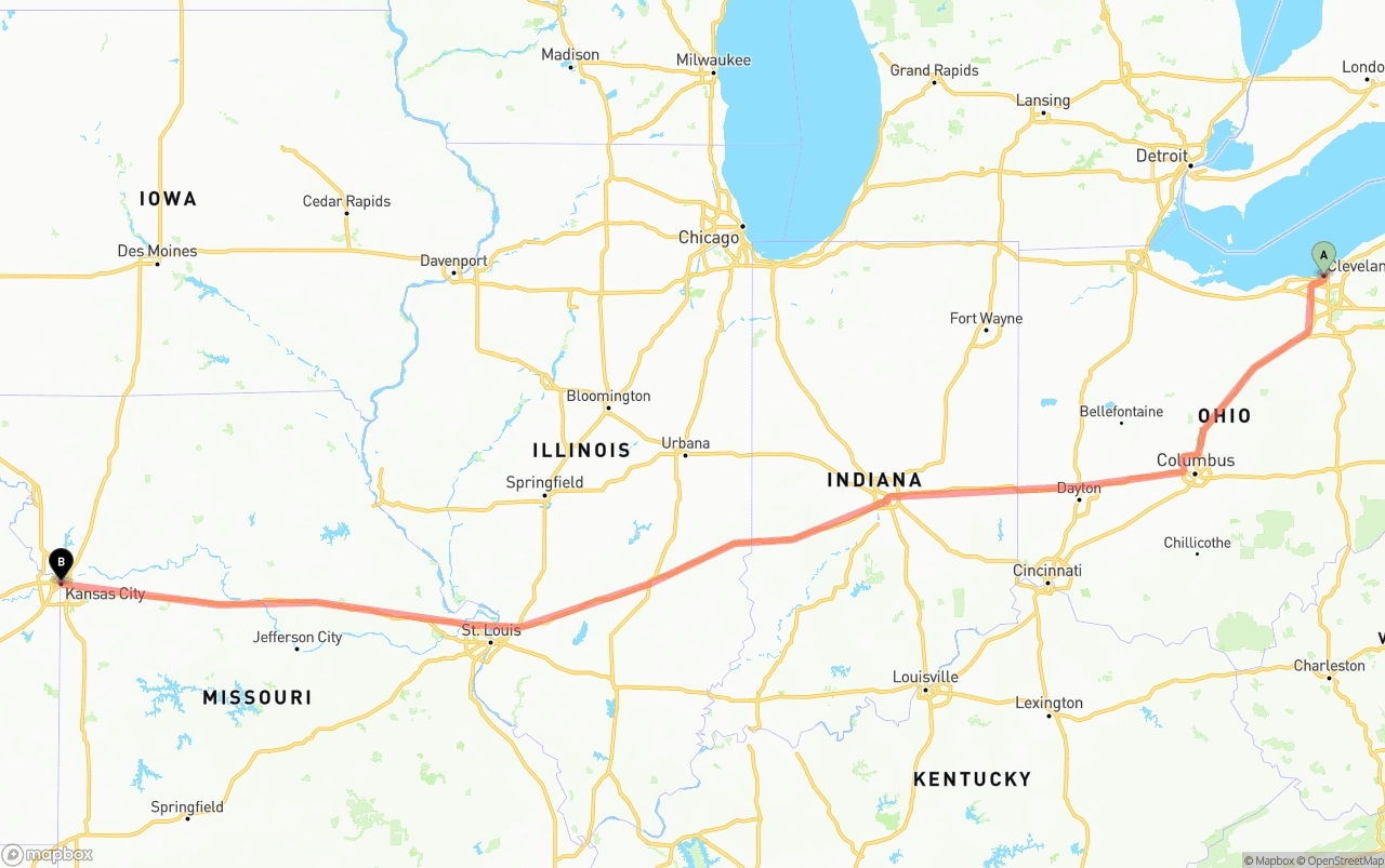 Shipping route from Cleveland to Kansas City