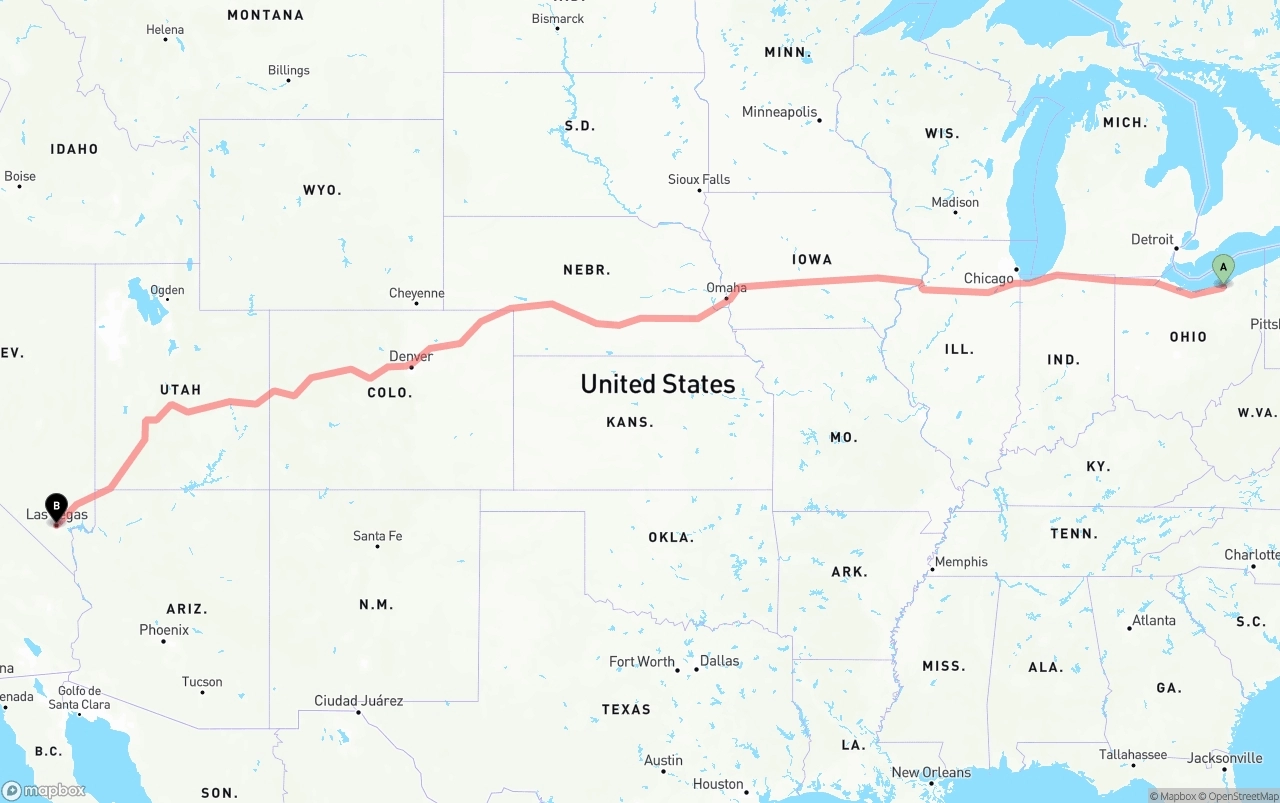 Shipping route from Cleveland to Las Vegas