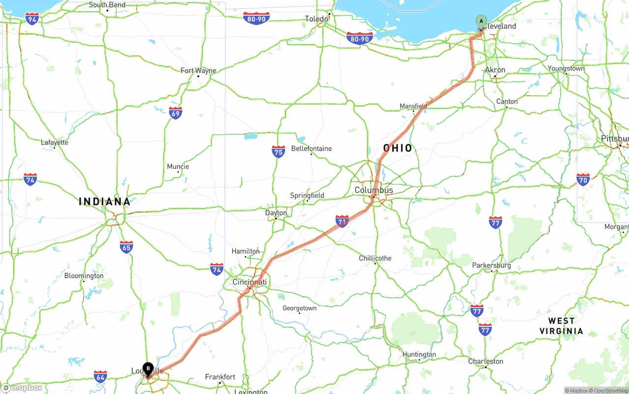 Shipping route from Cleveland to Louisville