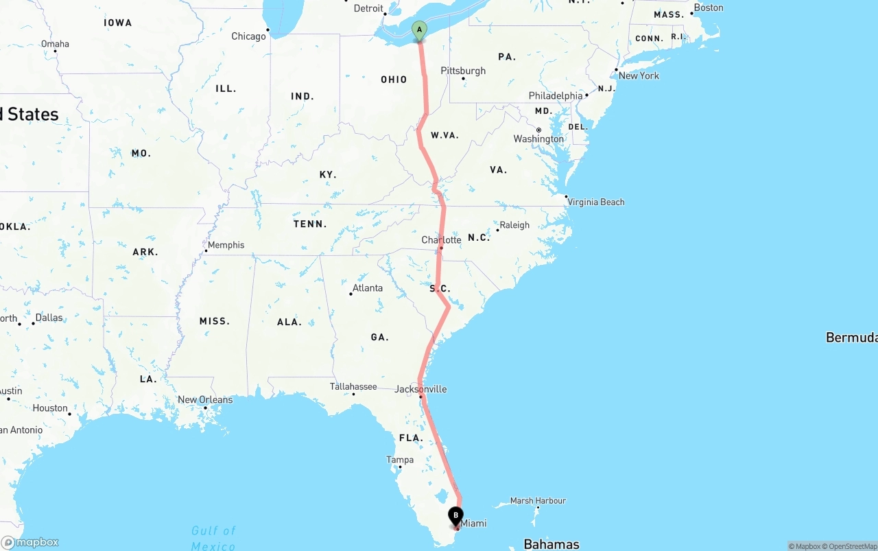Shipping route from Cleveland to Miami International Airport