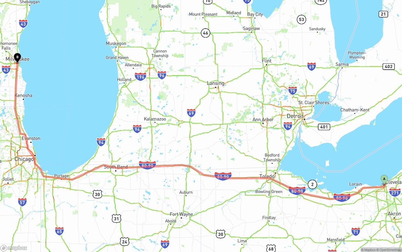 Shipping route from Cleveland to Milwaukee
