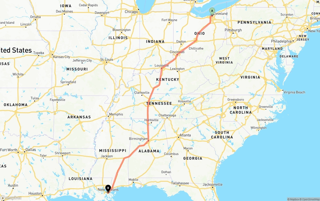 Shipping route from Cleveland to New Orleans