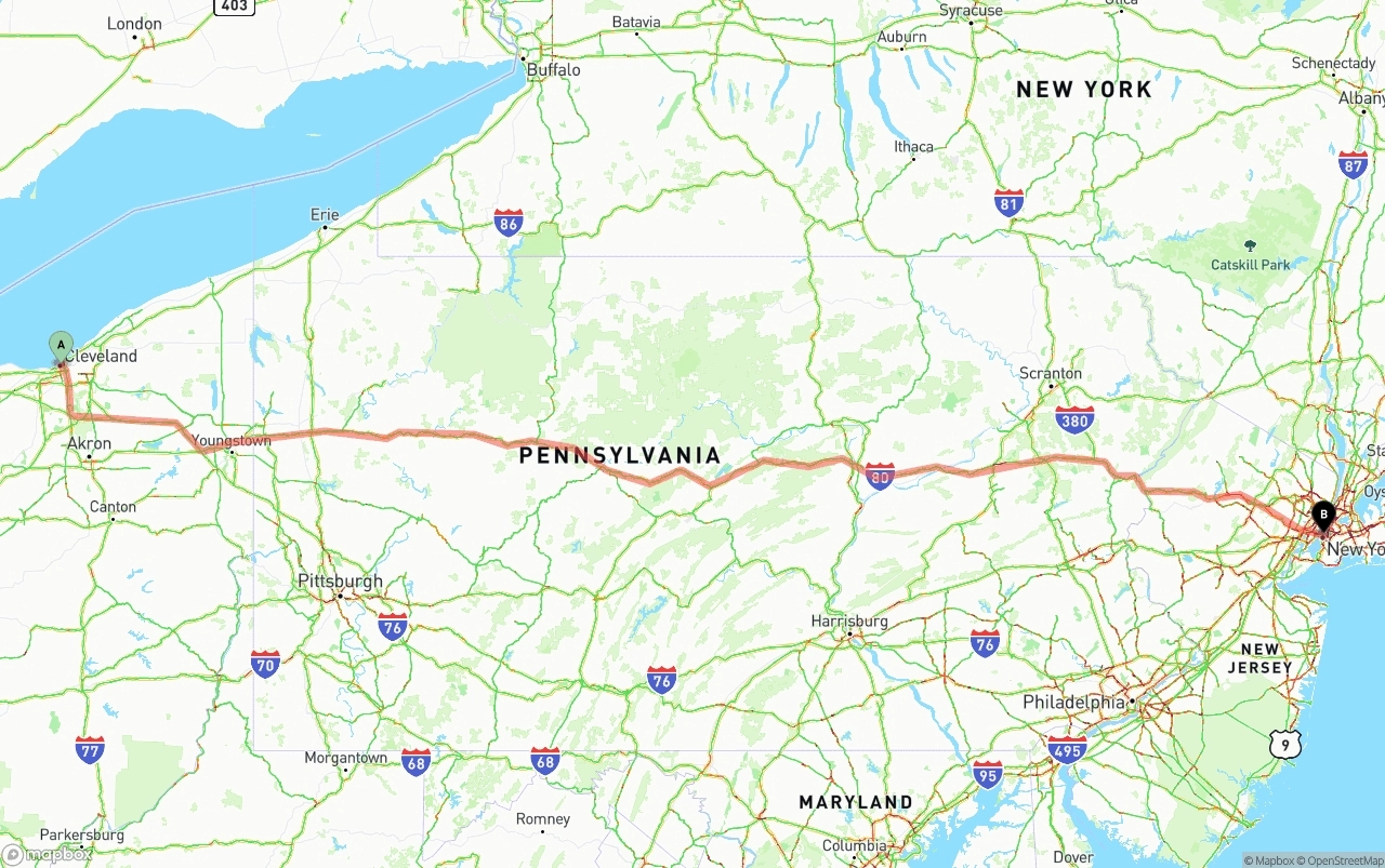 Shipping route from Cleveland to New York City