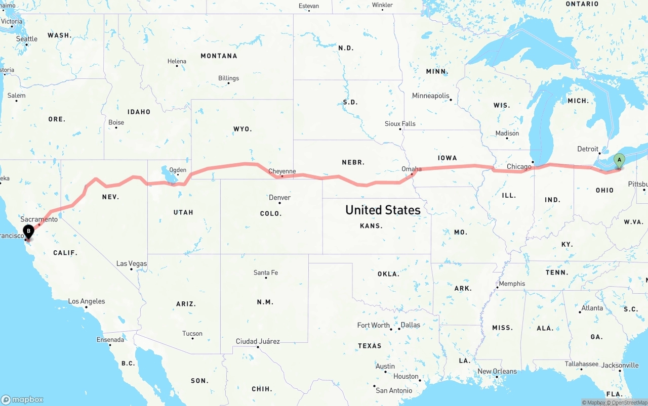 Shipping route from Cleveland to Oakland International Airport
