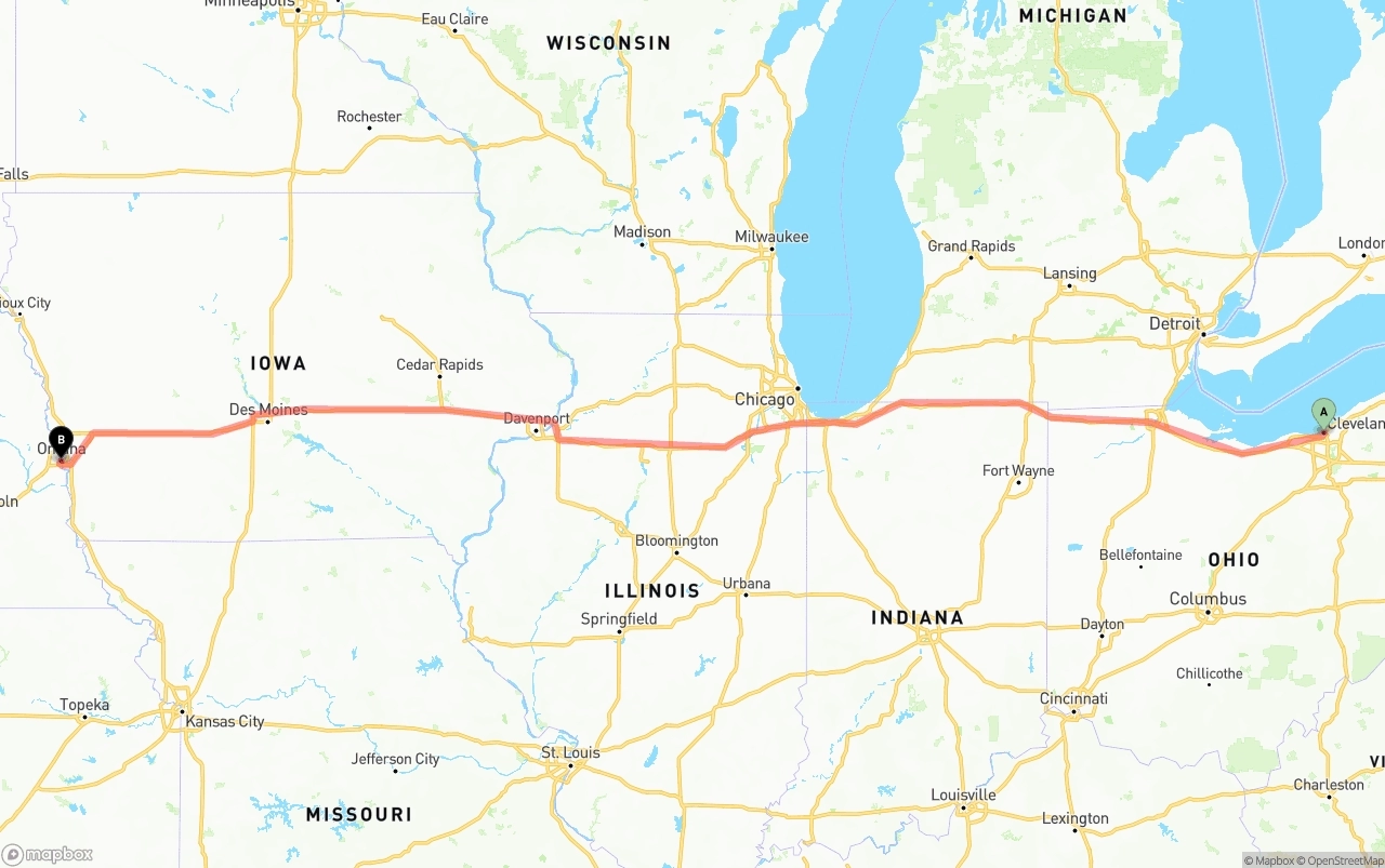 Shipping route from Cleveland to Omaha