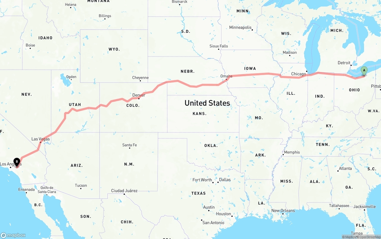 Shipping route from Cleveland to Ontario International Airport