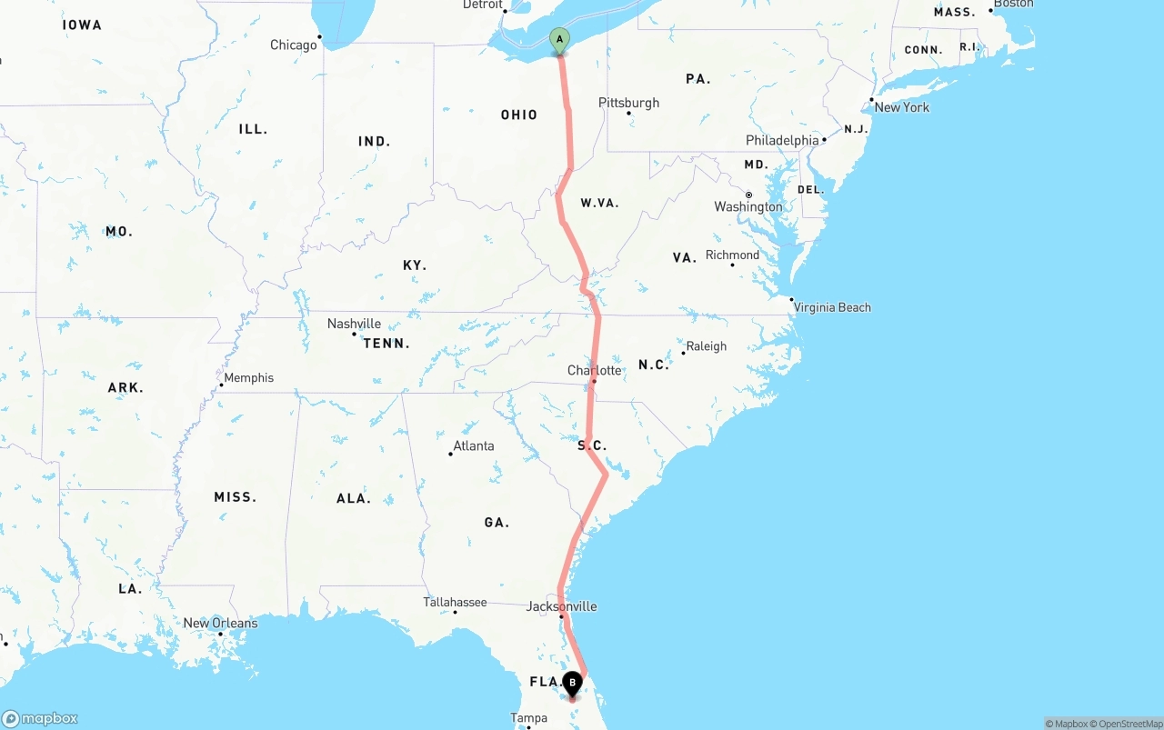 Shipping route from Cleveland to Orlando